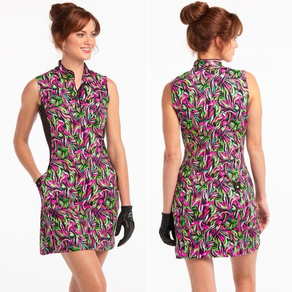 EP New York Sleeveless Tropical Print Golf Dress With Shorts Black Multi XS New - Picture 1 of 13
